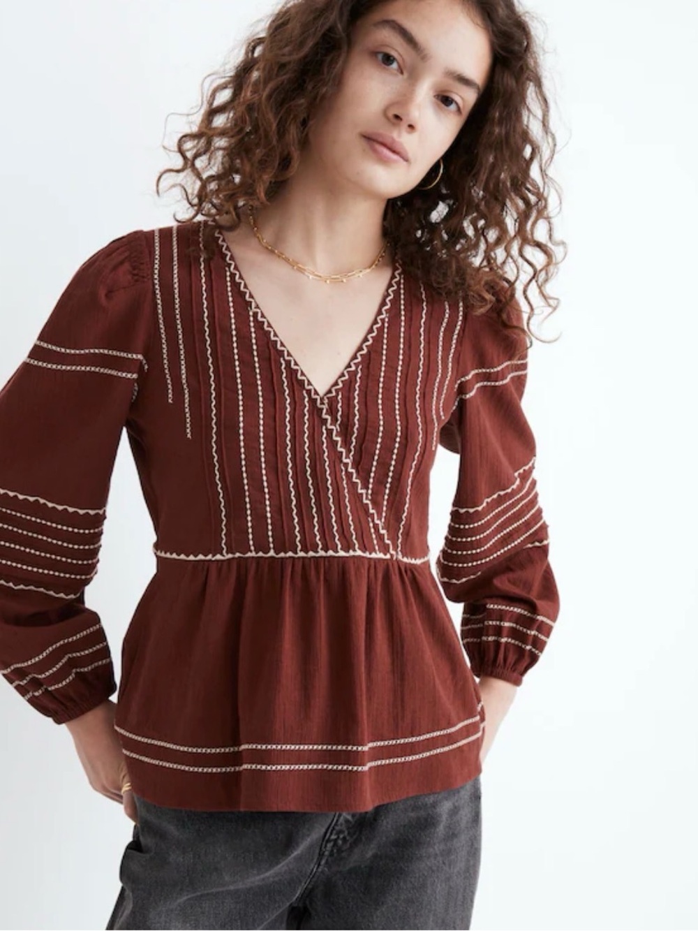 Madewell Wine Red Embroidered Faux Wrap Tunic Summer Boho Gauzy Relaxed Fit Top